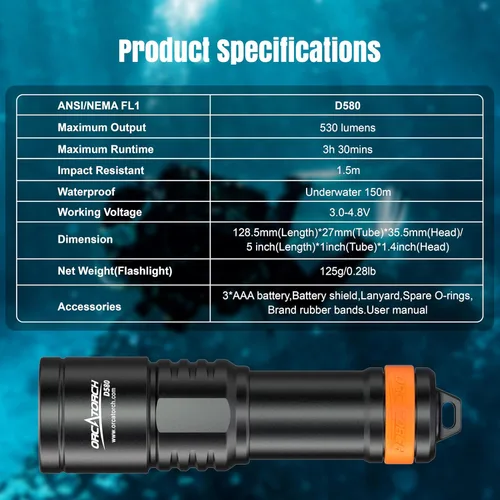 Miniatura 9 de ORCATORCH Luz de buceo D580, linterna subacuática máxima de 530 lúmenes con haz estrecho de 6 grados, interruptor giratorio impermeable IP68