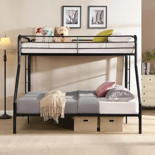 Miniatura 2 de Litera individual sobre matrimonial, litera de metal con escaleras, protector de seguridad, sin ruido para dormitorio pequeño, color negro