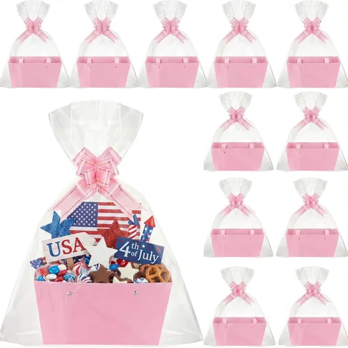 Miniatura 12 de Colarr Paquete de 12 cestas vacías de papel kraft para regalo, con asa y lazo, bandeja de mercado de cartón para rellenar para el Día de la Madre