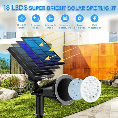 Miniatura 2 de KEV Luces Solares de Punto de 800 Lúmenes para Exteriores, 18 LEDs Luces Solares de Inundación con 2 Modos y Ajustables e IPX65 Impermeables, Foco