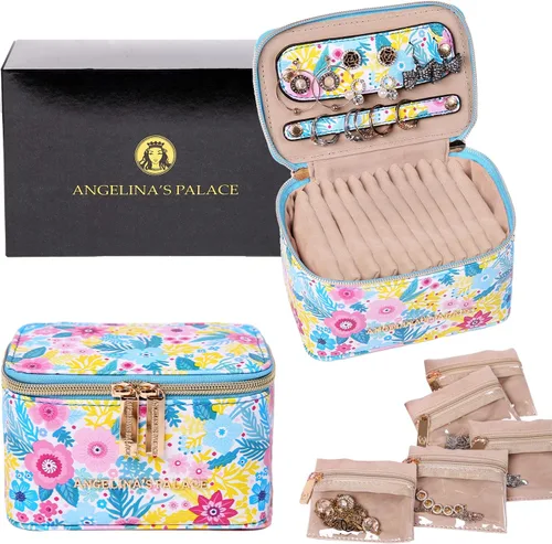 Angelina's Palace Estuche organizador de joyas, regalos de dama de honor, bolsa de viaje, caja de cuero vegano para collar, aretes, pulsera, anillo