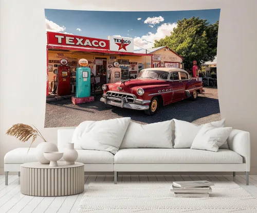 Miniatura 4 de Telón de fondo retro para gasolinera de 5 x 3 pies, ruta temática clásica, 66, estación de servicio, bombas de gas, coche retro, tienda Texaco