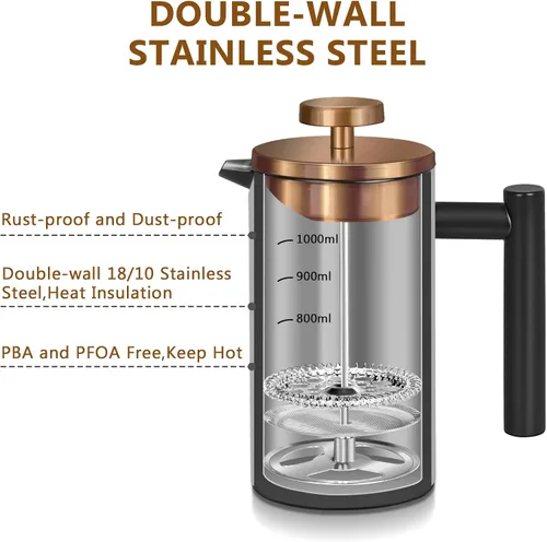 Miniatura 2 de Cafetera de Prensa Francesa de Acero Inoxidable Negro, Prensa Francesa Aislada de Doble Pared, para Café y Té, con 3 Pantallas Extra y una Cuchara