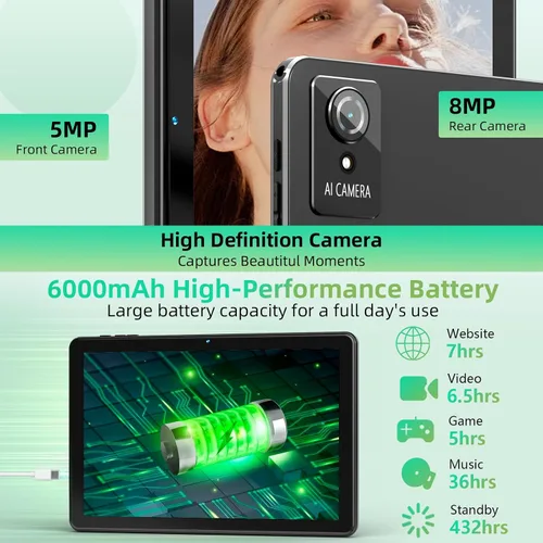 Miniatura 6 de Raemond Tableta Android 15 de 10 pulgadas, 18GB RAM 128GB ROM 1TB Expand, procesador Octa-Core, 1280x800 IPS Widevine L1, WiFi 6, cámara dual