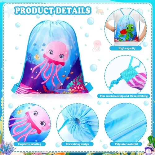 Miniatura 3 de Paterr Paquete de 12 bolsas de mochila con cordón para fiesta de animales del océano, bolsas de regalo de fiesta bajo el mar, bolsas de golosinas