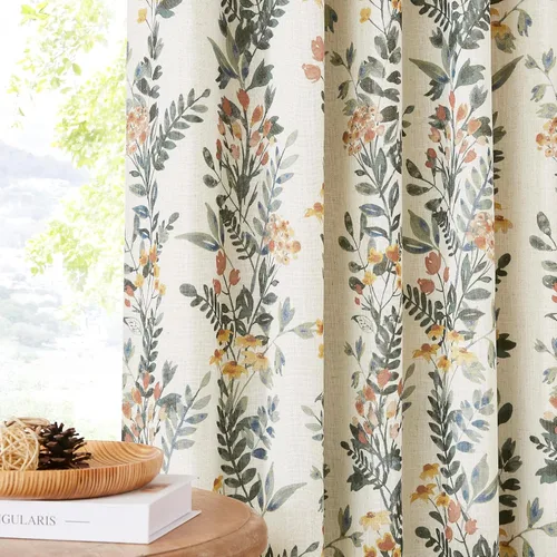 Miniatura 13 de Kayne Studio Paneles de cortina 100% opaca azul gris con estampado de hojas botánicas, cortinas florales de estilo granja para sala de estar y Azul