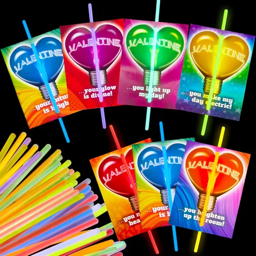 JOYIN Paquete de 36 tarjetas de regalo de neón para el día de San Valentín con pulseras de palo brillante, collares que brillan en la oscuridad para