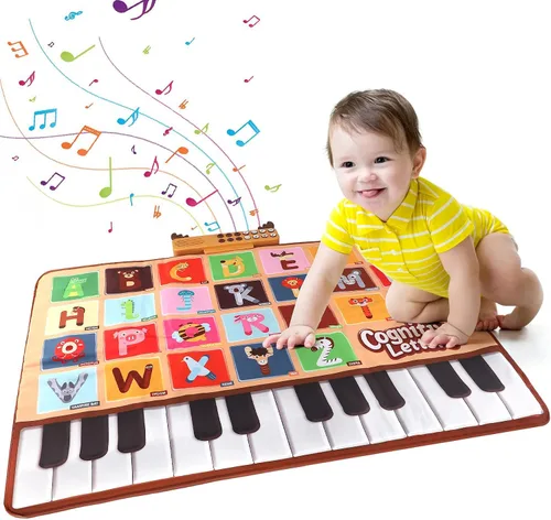 Bluejay Alfombrilla de piano para bebé, teclado musical, juguetes de aprendizaje con 26 letras, música electrónica con tacto de animales, juguetes