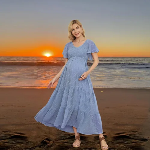 Miniatura 4 de Vestido de maternidad fruncido de lunares suizos para baby shower, sesión de fotos, casual, cuello en V, manga con volantes, cintura imperio