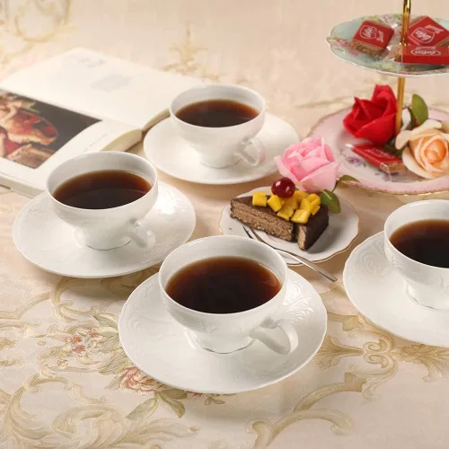 Miniatura 3 de Juego de taza de té y platillo de porcelana fina, superficie de escultura, taza ligera de 7 onzas, juego de cuatro