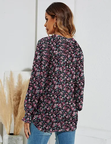 Miniatura 3 de Romanstii Camisetas casuales con cuello en V para mujer, blusas sueltas de manga larga abombada
