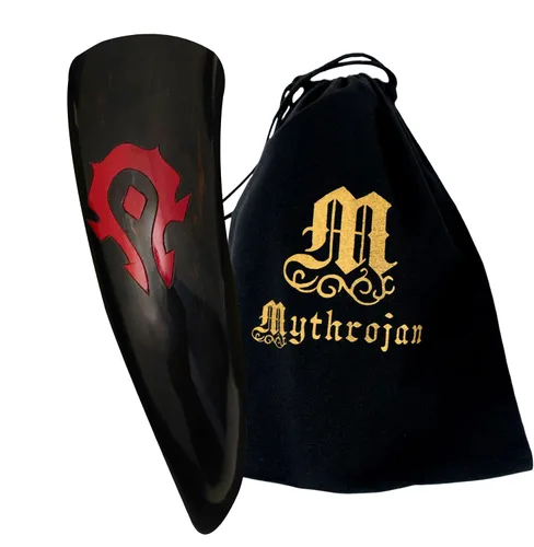 Miniatura 35 de Mythrojan Cuerno vikingo para beber 100% natural, auténtico, decoración de latón, cuerno nórdico con funda de cuero negro, bolsa de lona para vino