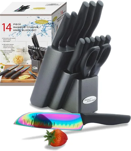 Marco Almond KYA25 - Juego de cuchillos con bloque de cuchillos de titanio arcoíris de 14 piezas, juego de cuchillos para carne con mango negro.