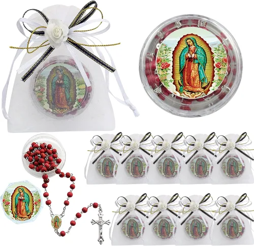 Recuerdos conmemorativos (12 piezas) Rosarios perfumados rojos de Nuestra Señora de Guadalupe en bolsas decoradas, descansa en paz, en memoria