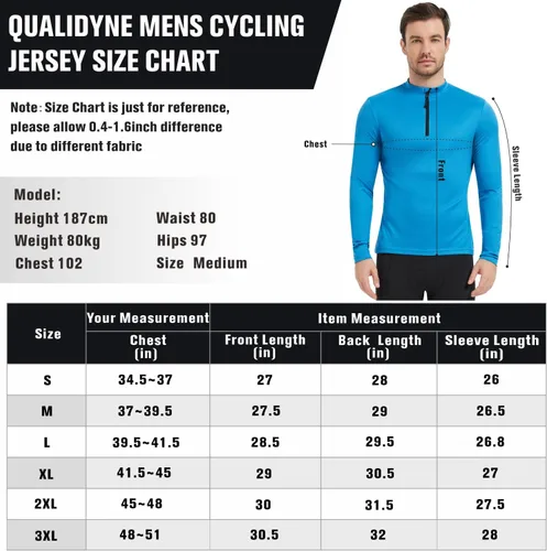 Miniatura 6 de qualidyne Camiseta de ciclismo para hombre, manga larga, media cremallera, con bolsillo trasero con cremallera