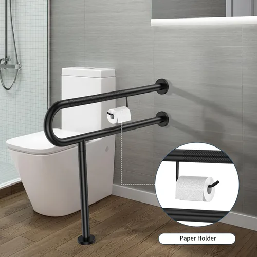 Miniatura 4 de ZUEXT - Riel de soporte para inodoro con soporte para papel higiénico de 31.5 x 28 pulgadas, barra de agarre antideslizante de pared a piso