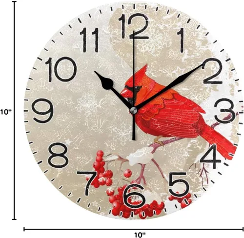 Miniatura 9 de ALAZA Reloj de pared de copo de nieve de pájaro rojo, funciona con pilas, silencioso, de cuarzo, analógico, rústico, rústico, reloj redondo, Rojo