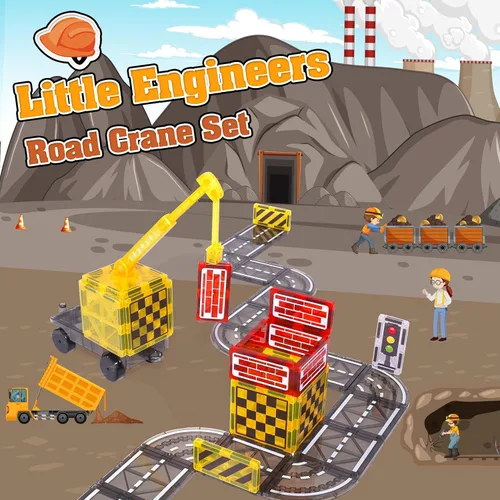 Miniatura 4 de Laminados magnéticos juguetes de construcción para niños - Set de carretera con grúa magnética para niños de 3-5 4-8 8-10 años, Set de expansión