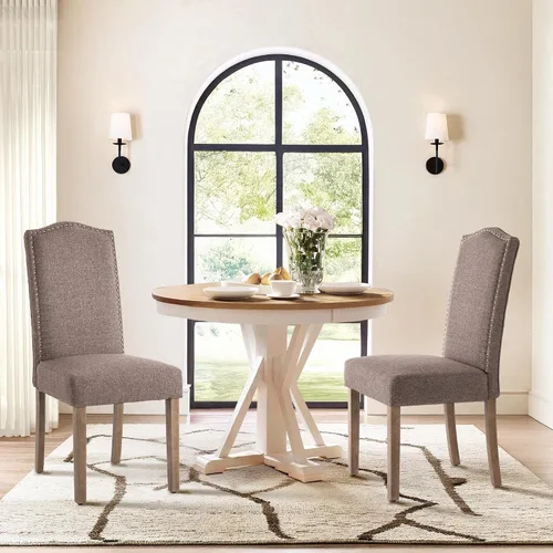 Miniatura 15 de Silla de comedor tapizada moderna y elegante Parsons con respaldo alto con ribete plateado de cabeza de clavo y patas de madera, juego de 2, piel
