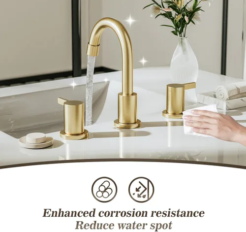 Miniatura 3 de Phiestina Grifo de lavabo de baño de 3 agujeros generalizado de oro cepillado, juego de llave de baño de 8 pulgadas con drenaje emergente de metal