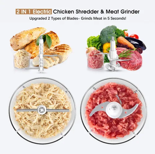 Miniatura 2 de Procesadores de alimentos, trituradora de pollo eléctrica 2 en 1 y picadora de alimentos con motor de cobre de 250 W, cuencos de 1.5 L y 2 cuchillas