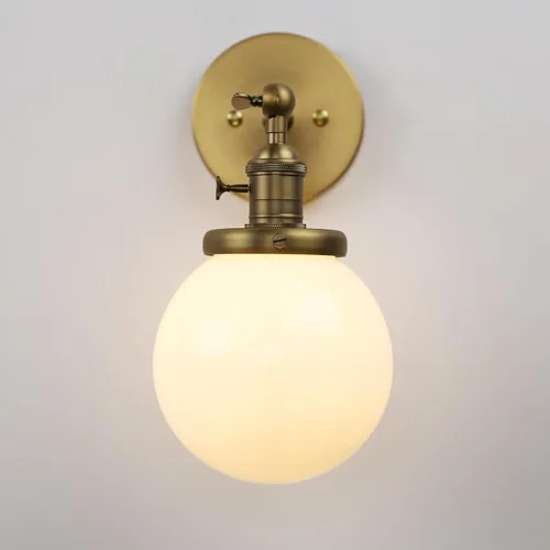 Miniatura 9 de Pathson Aplique de pared cableado con globo blanco, luz de tocador de baño de latón con interruptor de encendido y apagado, lámparas de pared