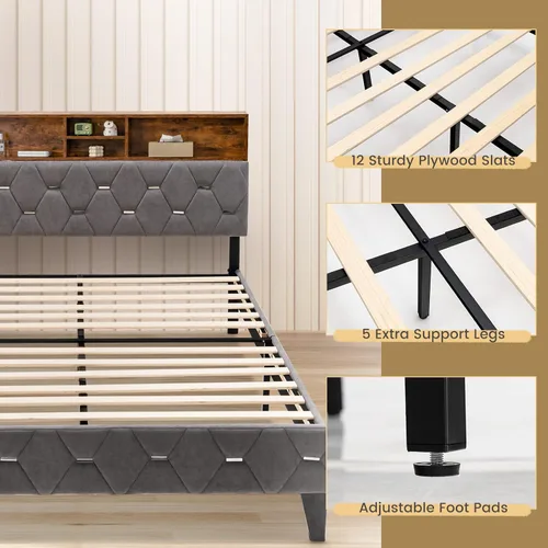 Miniatura 8 de KOMFOTT Base de cama matrimonial tapizada con cabecera de almacenamiento, base de cama de plataforma con estantes abiertos y espacio
