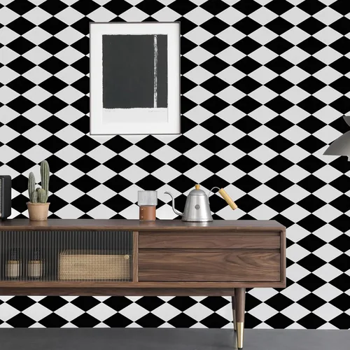 Miniatura 8 de Amiya Papel Pintado Negro y Blanco con Diamantes para Despegar y Pegar Papel de Vinilo Geométrico en Rombo para Cuarto de Lavado Cocina Baño Papel