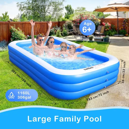 Miniatura 2 de Sumbee Piscina inflable para niños de 4 a 8 a 12 años y adultos, 120 x 72 x 22 pulgadas con PVC grueso, 306 galones, piscina rectangular grande