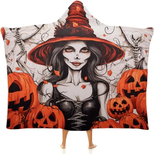 Manta con capucha de bruja y calabaza, vintage, para Halloween, manta de franela para niños, adolescentes, hombres y mujeres, manta cálida