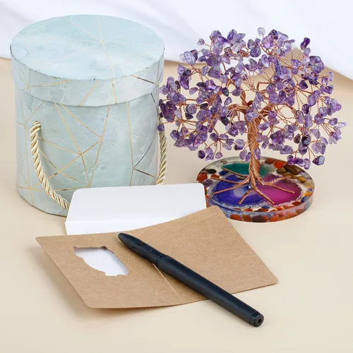Miniatura 7 de ZenBless Árbol de 7 piedras curativas de chakra, hojas de amatista envueltas en alambre sobre base de rebanadas de ágata natural, decoración de Feng
