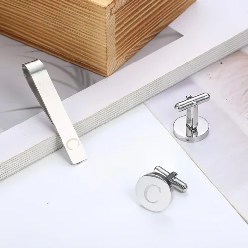 Miniatura 36 de LOYALLOOK - Gemelos de acero inoxidable grabados con inicial y clip de corbata, diseño de letras del alfabeto con caja de regalo, A-Z