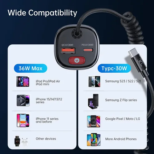 Miniatura 7 de Syncwire Cargador de coche USB C con [prevención de fugas de batería] Adaptador de coche súper rápido de 66 W con PD y QC 3.0 Cable en espiral tipo