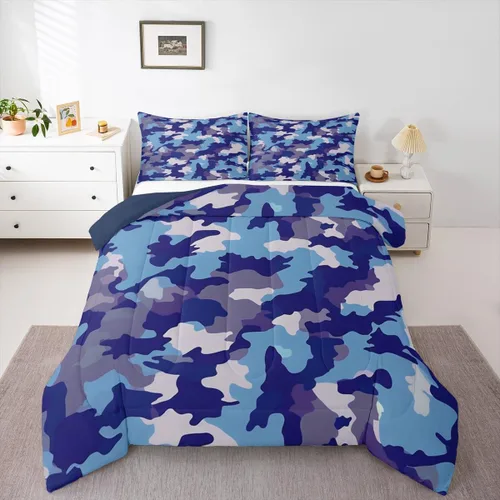 Juego de edredón para niños con estampado de camuflaje, tamaño Twin, juego de ropa de cama reversible azul, gris, morado, para dormitorio de
