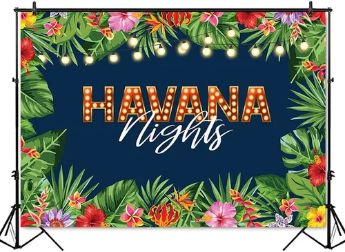 Miniatura 2 de Mocsicka Telón de fondo de Noches de La Habana Tropical Nights para adultos, hojas de palma hawaianas, decoración de mesa para tartas, decoración