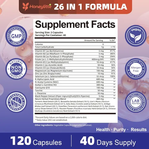 Miniatura 7 de Suplementos de neuropatía de ácido alfa lipoico – con 600 mg de ácido R-alfa lipoico, NAC, ALC, vitamina activa B12 B1 B2 B6, magnesio