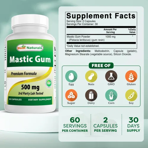 Miniatura 2 de Best Naturals Paquete de 2 cápsulas de masilla de 500 mg – 60 unidades – (sin OGM) (sin gluten) – Promueve la salud saludable del estómago