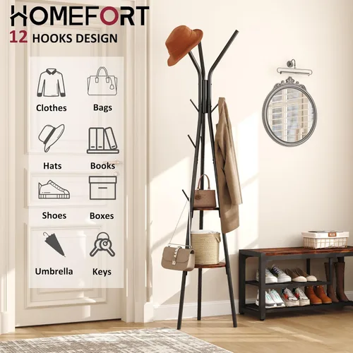 Miniatura 5 de HOMEFORT Perchero, perchero con 2 estantes, árbol de pasillo independiente, colgador de metal para sombreros con 12 ganchos para ropa, sombreros