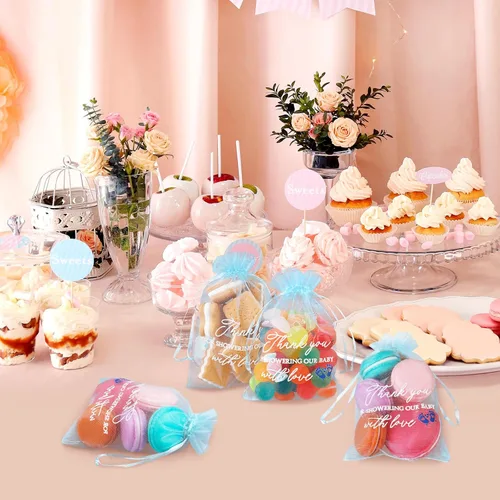 Miniatura 4 de Jspupifip 100 bolsas de regalo de agradecimiento para bebé, bolsas azules de 4 x 6 pulgadas, organza transparente, a granel para invitados