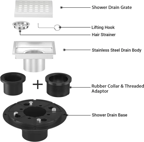 Miniatura 4 de Drenaje de ducha cuadrado de 6 pulgadas cromado, drenaje de piso de baño, kit de drenaje de acero inoxidable con brida, cubierta de rejilla Cromo