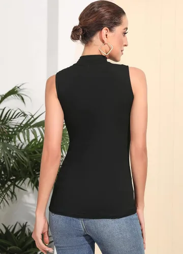 Miniatura 4 de MANGDIUP Camiseta básica de manga larga con cuello alto falso para mujer, sin mangas, ajustada