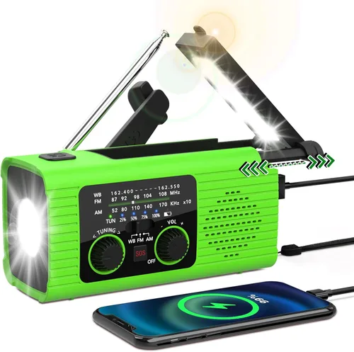 Miniatura 13 de Nitigo - Radio de emergencia de 4,000 mAh con manivela solar AM/FM/NOAA, portátil, con cargador de teléfono, linterna LED, lámpara de lectura