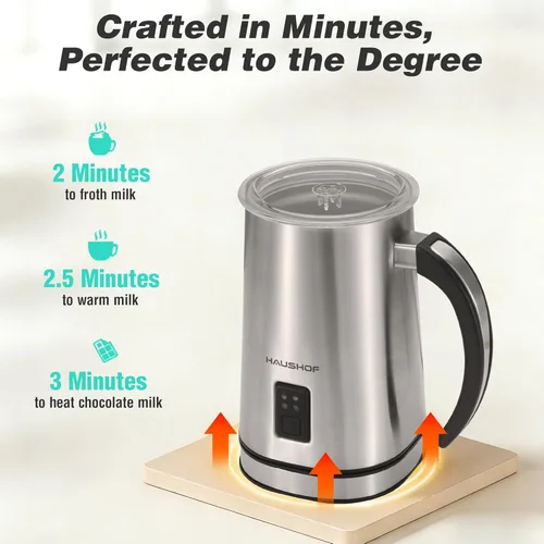 Miniatura 3 de HAUSHOF Espumador de leche, espumador de leche eléctrico 4 en 1 y vaporizador, gran capacidad, máquina de chocolate caliente, máquina automática
