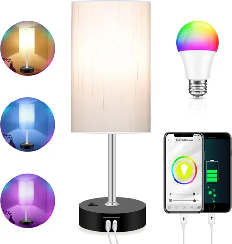 Lámpara de dormitorio con bombilla LED RGB inteligente, lámpara de mesa multicolor cambiante para dormitorio con 2 puertos USB, lámpara de mesita de