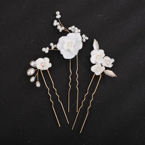 Teyglen 3 horquillas para el pelo de boda, horquillas de flores para novia, flores y hojas, pinzas para el cabello de perlas para novia, accesorios