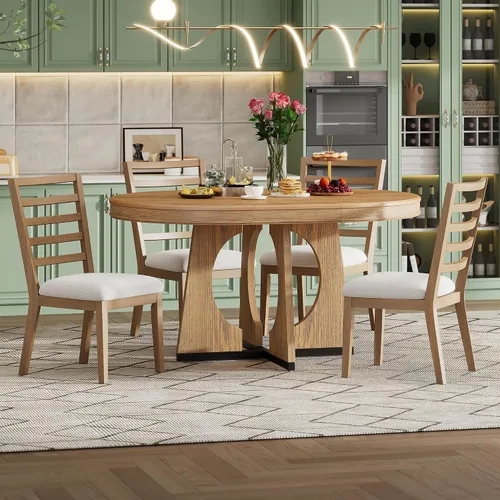 Miniatura 14 de Farmhouse - Juego de mesa de comedor de 5 piezas, mesa de comedor redonda extensible con 4 cómodas sillas tapizadas, juego de muebles funcionales