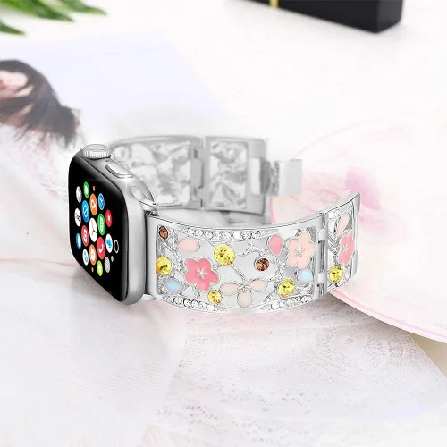Miniatura 2 de Pulsera Floral Compatible con Apple Watch Banda de 1.65, 1.73, 1.77, 1.81 y 1.92 pulgadas, iWatch Series 11 10 9 8 7, Correa de Metal Hueca