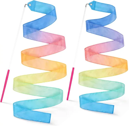 YGEOMER 2 varillas bailarinas de cinta de seda 100% pura para niños, cinta de gimnasia y serpentinas arcoíris pastel para baile de maypole, fiesta