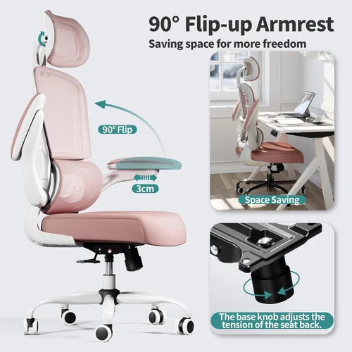 Miniatura 6 de TRALT Silla de oficina ergonómica, silla de escritorio de malla para el hogar de 330 libras, sillas de escritorio de oficina con ruedas, cómodas Rosa