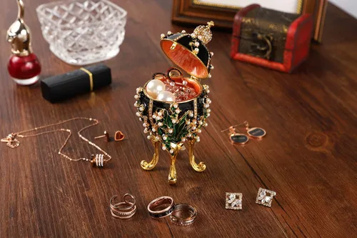 Miniatura 5 de Caja clásica de joyería de huevo de Pascua pintada a mano con esmalte y adornos de diamantes de imitación, regalo para decoración del hogar Negro